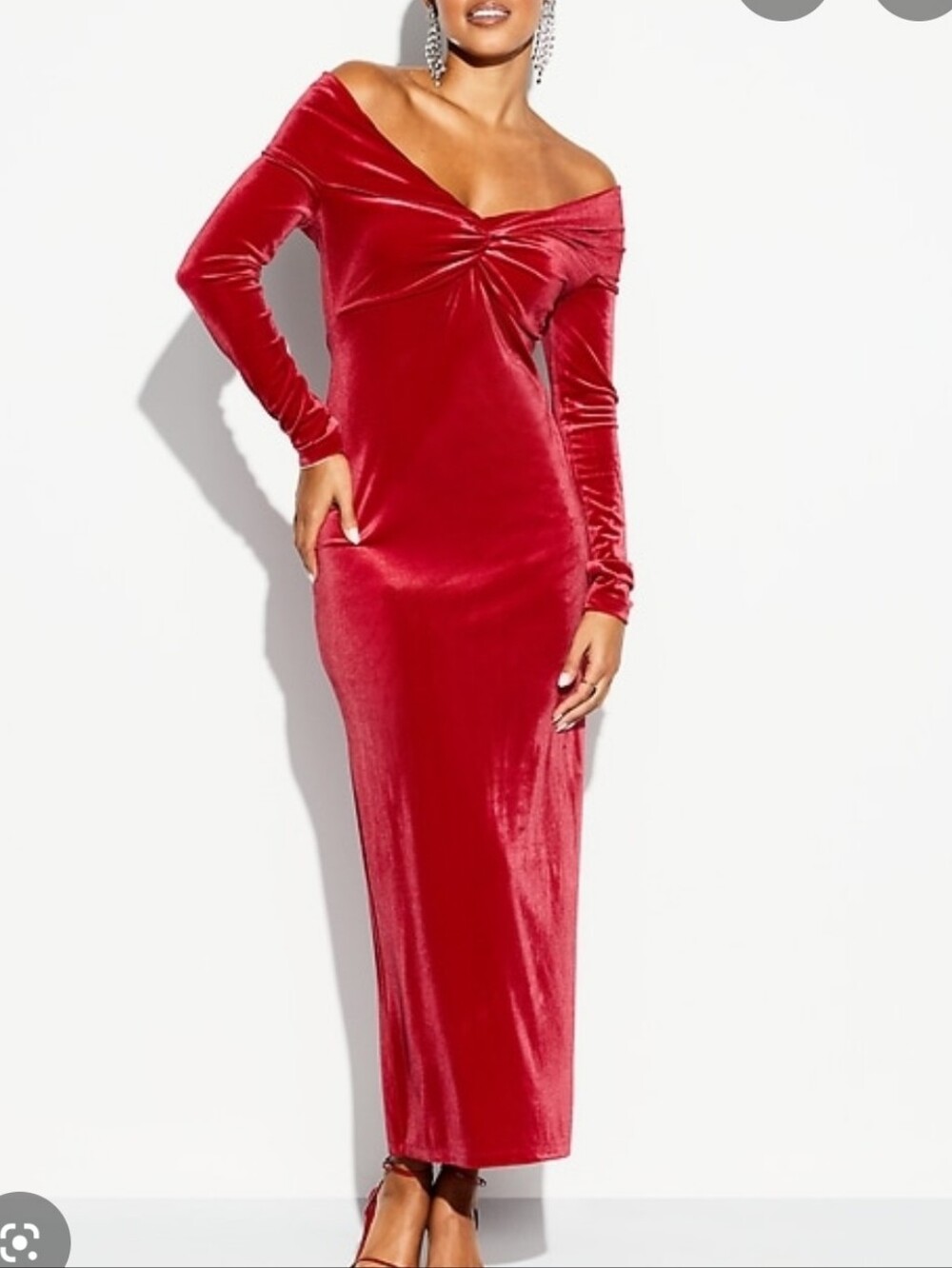 NWT THE OCCASION CRIMSON VELVET LONG SLEEVED OFF THE SHOULDER FITTED MAXI XS